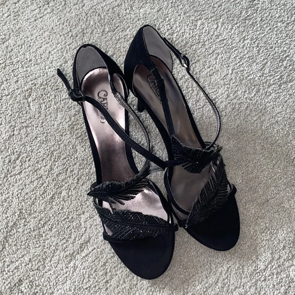 CARLOS SANTANA 8M FRISCO Black 3”‎ Strappy HEELS Sparkly Feather